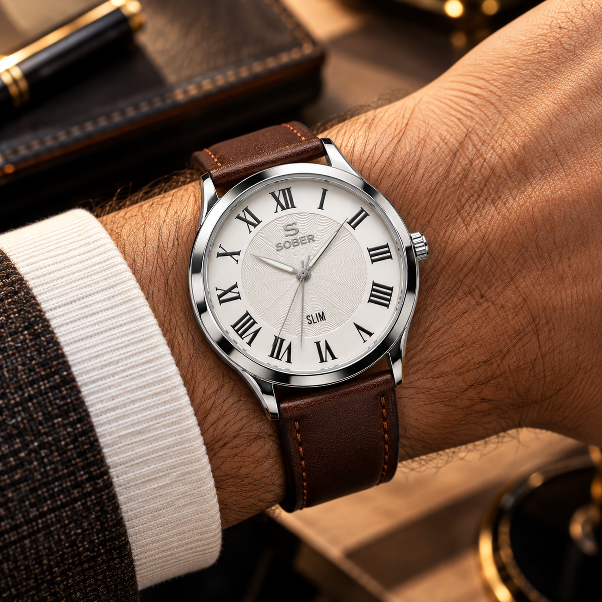 Sober Men's Classic Analog Watch - Silver Dial & Brown Strap