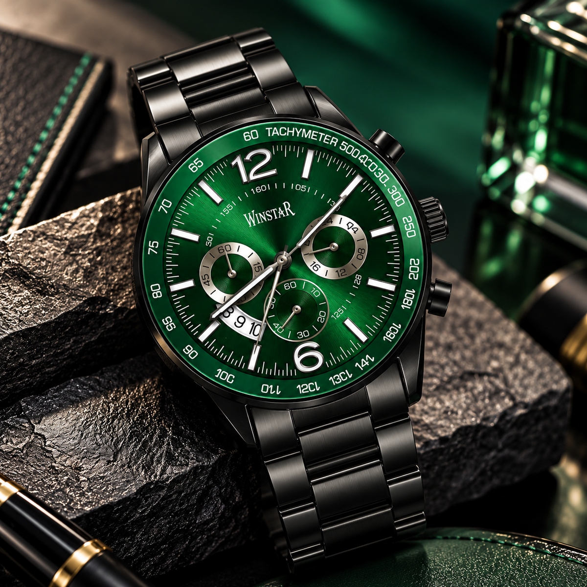 Winstar Men's Emerald Green Dial Black Steel Watch - Chronograph Style