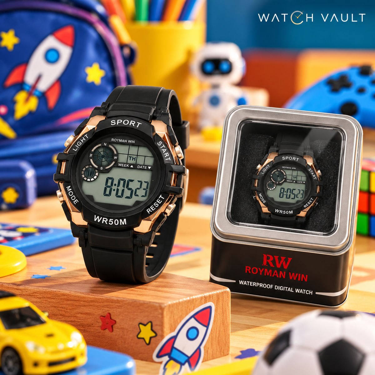 Royman Win Kids Digital Sports Watch - Black & Rose Gold