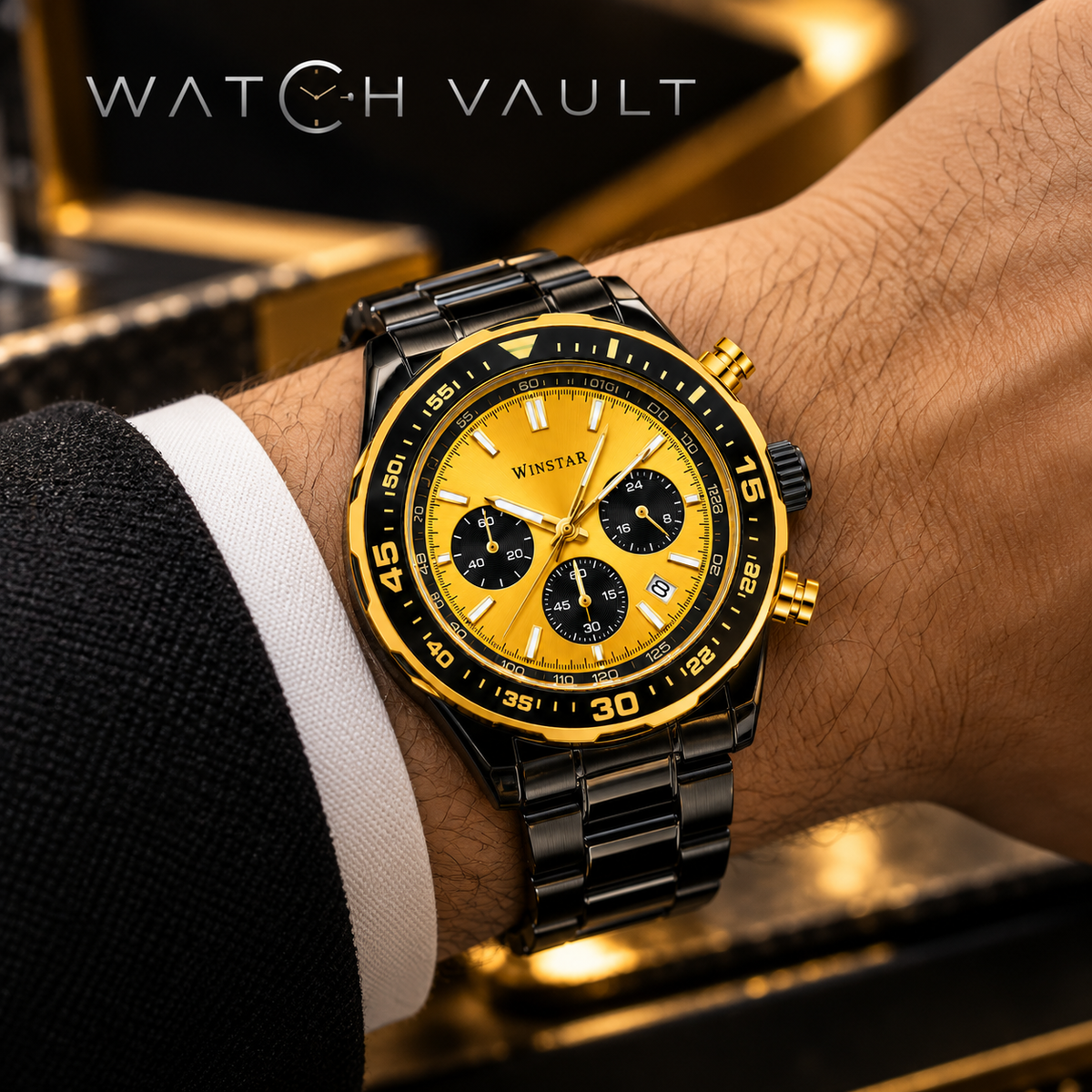 Winstar Men's Gold Dial Black Stainless Steel Watch - Chronograph Style