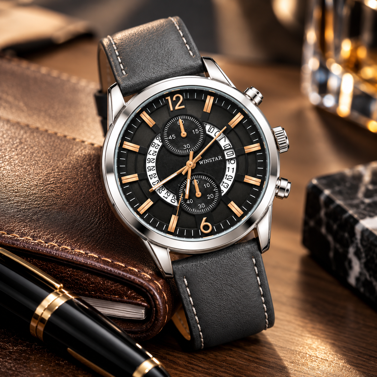 Winstar Men's Black Dial Watch - Grey Strap & Chronograph Style