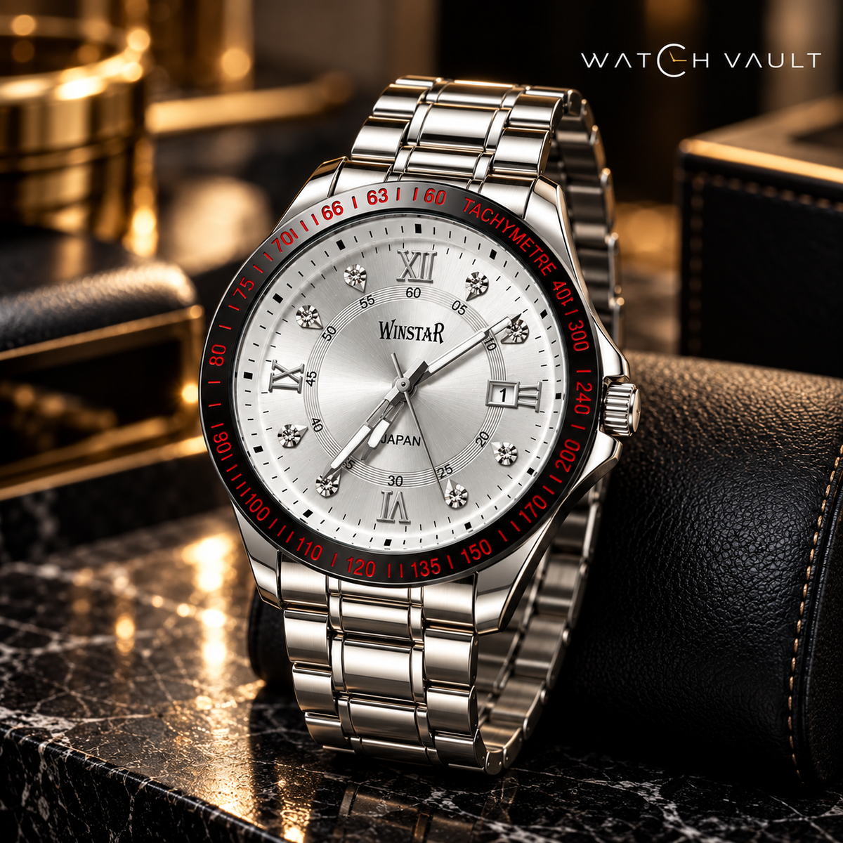Winstar Men's Silver Stainless Steel Analog Watch - Red Bezel Markings