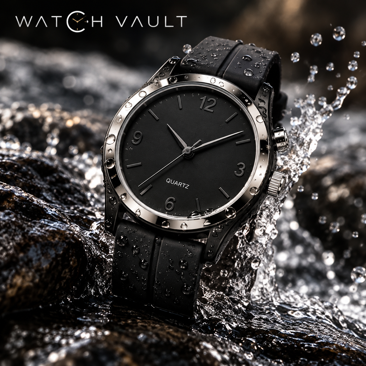 Royman Win Men's Black Waterproof Quartz Watch - Silicone Strap