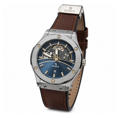 Sober Men's Blue Skeleton-Style Dial Watch - Brown Strap