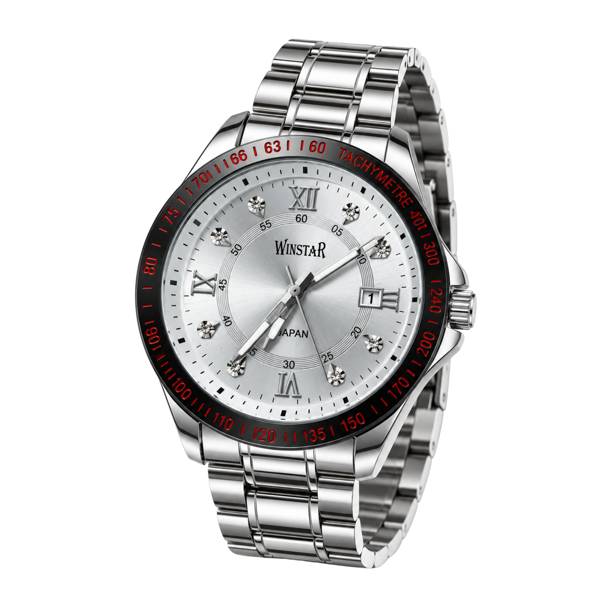 Winstar Men's Silver Stainless Steel Analog Watch - Red Bezel Markings