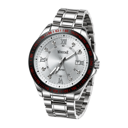 Winstar Men's Silver Stainless Steel Analog Watch - Red Bezel Markings