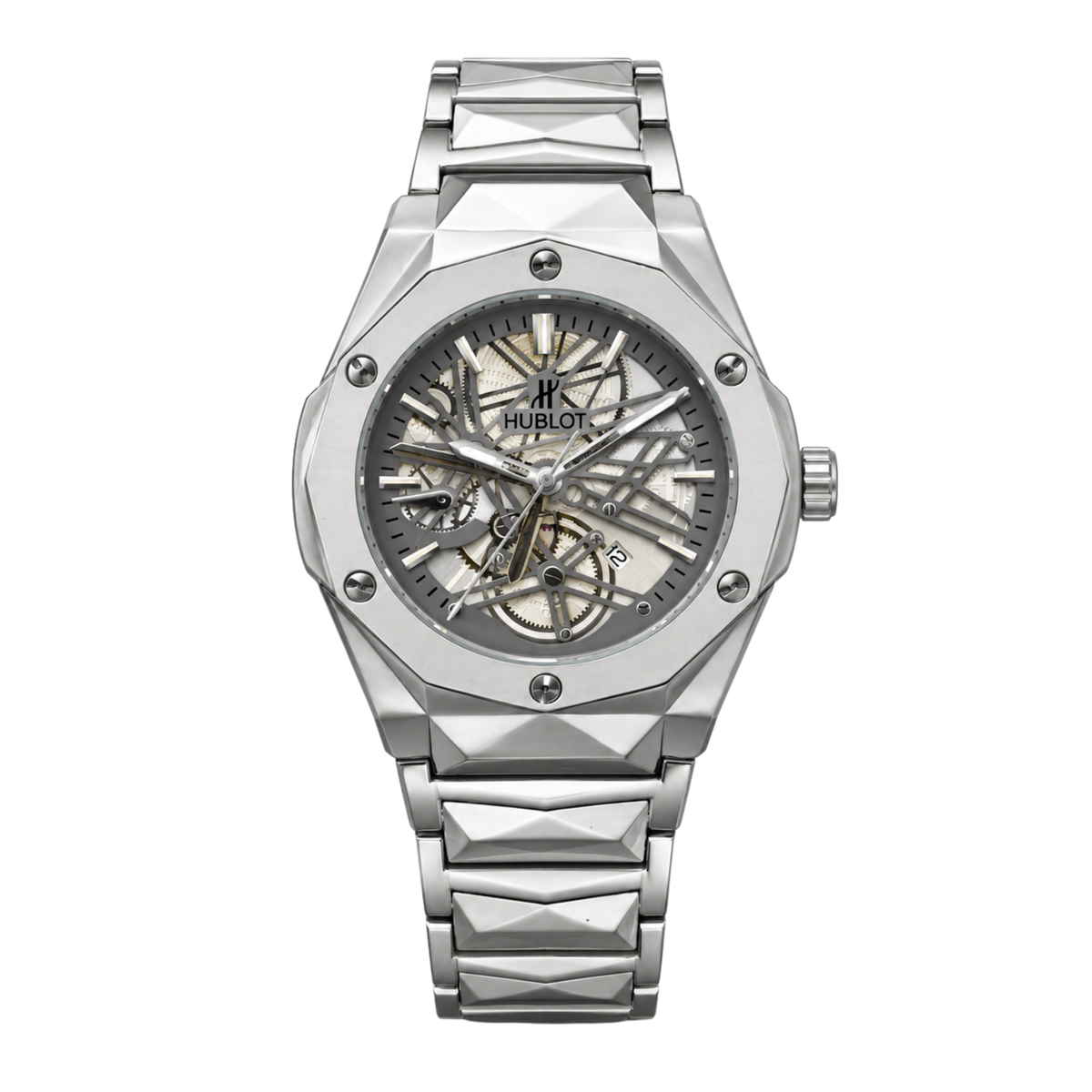 H'ublot Men's Silver Skeleton-Style Dial Stainless Steel Watch