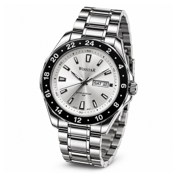 Winstar Men's Silver Dial Stainless Steel Watch - Black 24-Hour Bezel