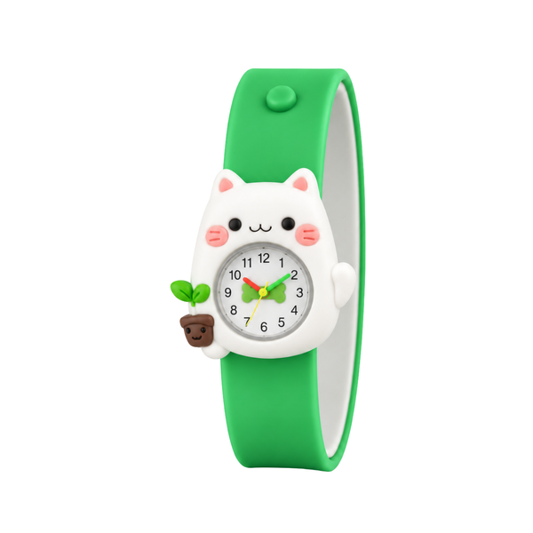 Green Kitty Analog Watch for Kids - 3D Cat Design