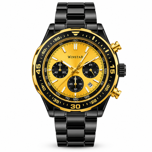 Winstar Men's Gold Dial Black Stainless Steel Watch - Chronograph Style