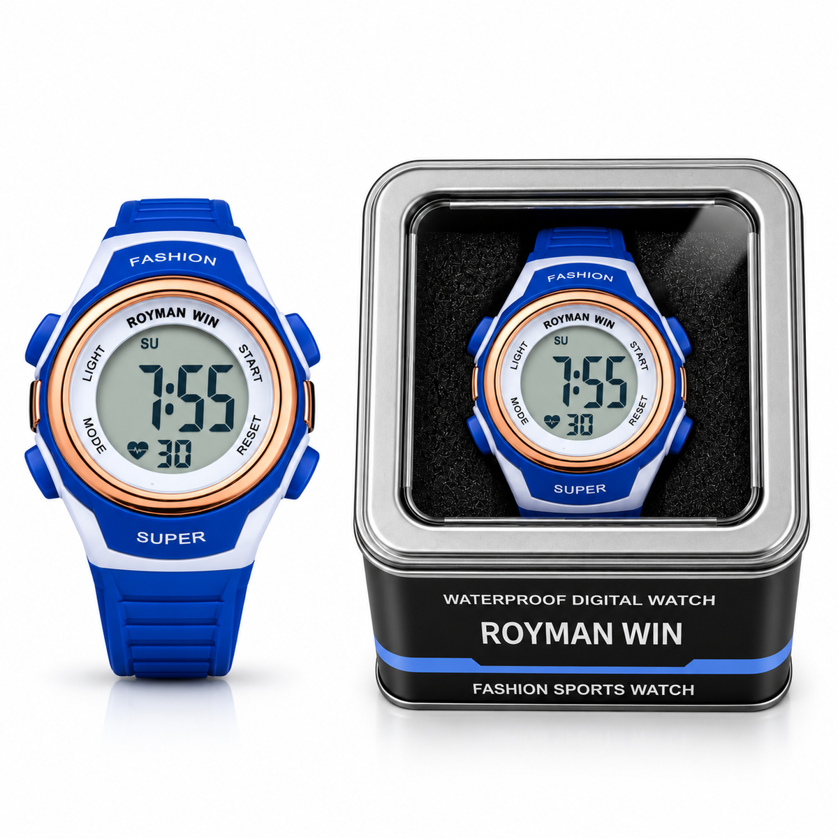 Royman Win Kids Digital Sports Watch - Blue & Rose-Gold-Tone Bezel