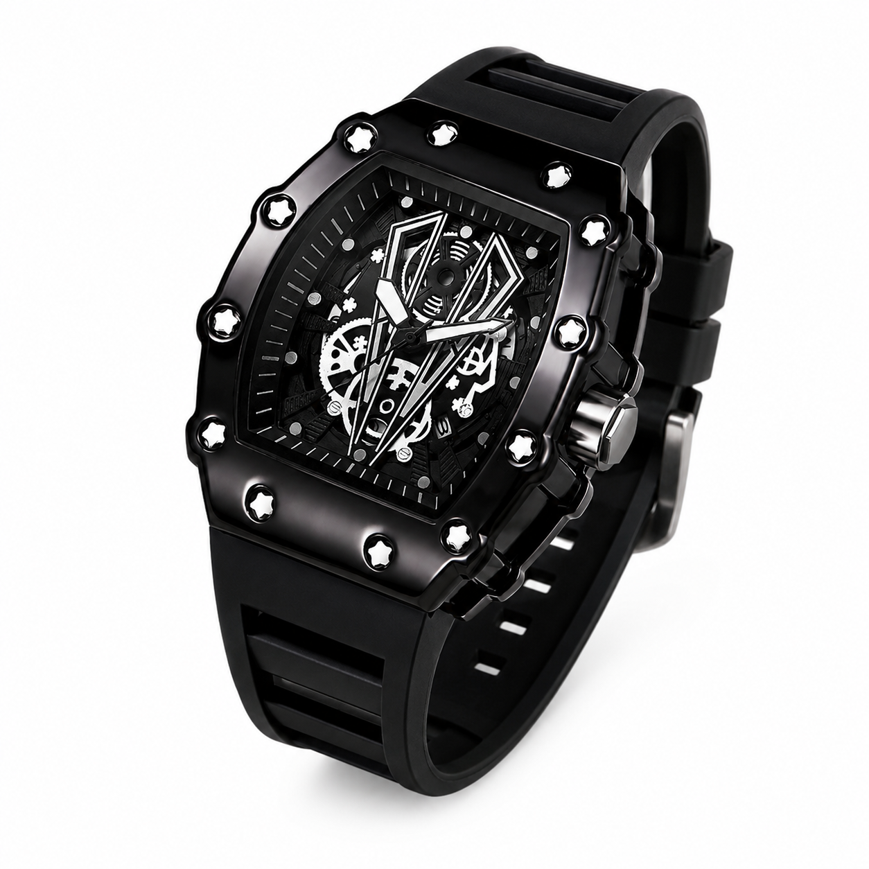 A black skeleton-style wristwatch with a matte black rubber strap, a black dial with silver-tone hands and markers, and a bezel accented with small clear rhinestones, shown on a white background.