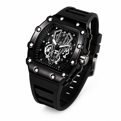 A black skeleton-style wristwatch with a matte black rubber strap, a black dial with silver-tone hands and markers, and a bezel accented with small clear rhinestones, shown on a white background.