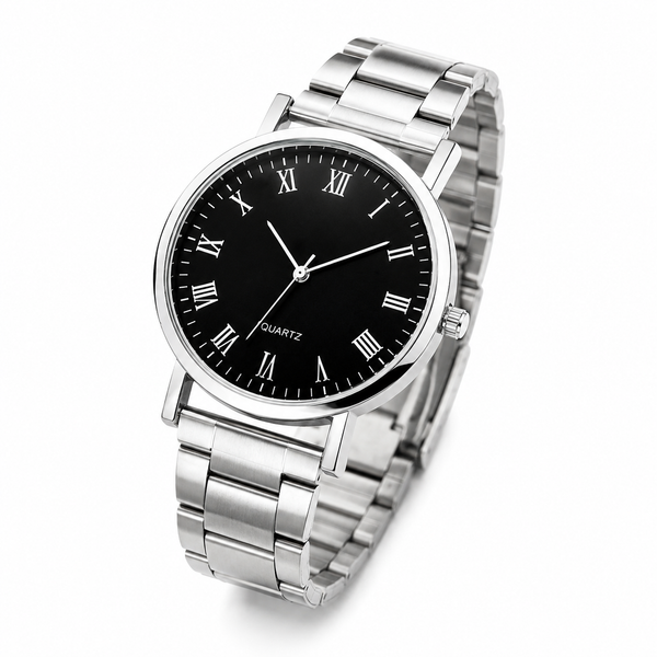 Men's Business Quartz Watch – White Roman Dial | Stainless Steel | 50M Waterproof