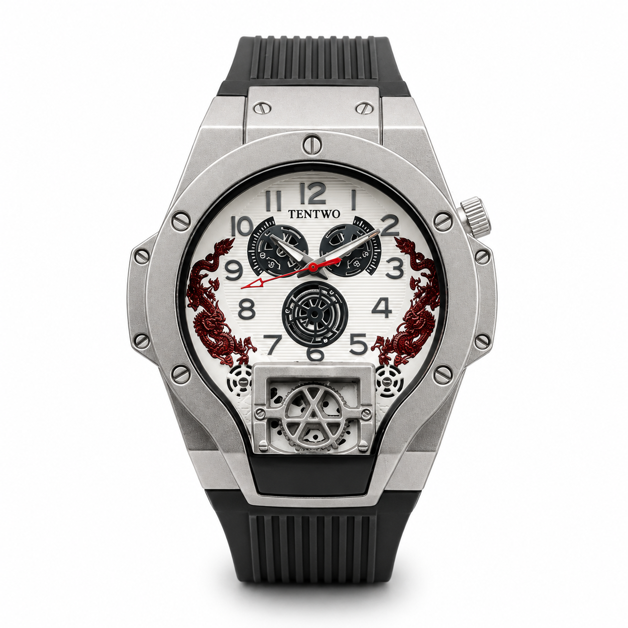 Men's Silicone Quartz Watch – 46mm Barrel Dial | Sport Fashion | Silver