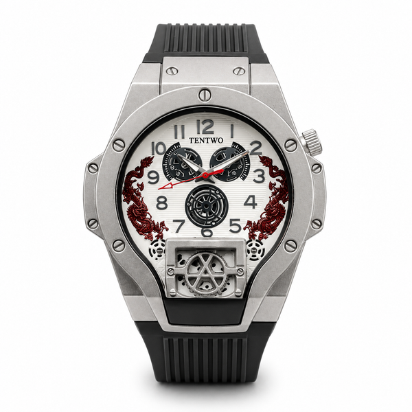 Men's Silicone Quartz Watch – 46mm Barrel Dial | Sport Fashion | Silver