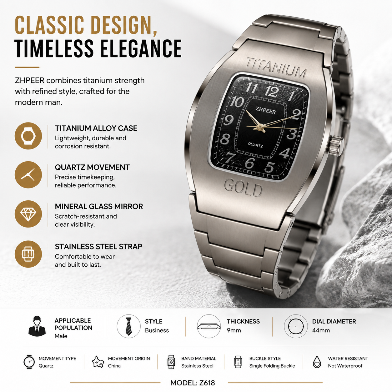 ZHPEER Men's Quartz Watch – 44mm Barrel Dial | Gun Black | Business Casual