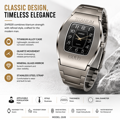 ZHPEER Men's Quartz Watch – 44mm Barrel Dial | Gun Black | Business Casual