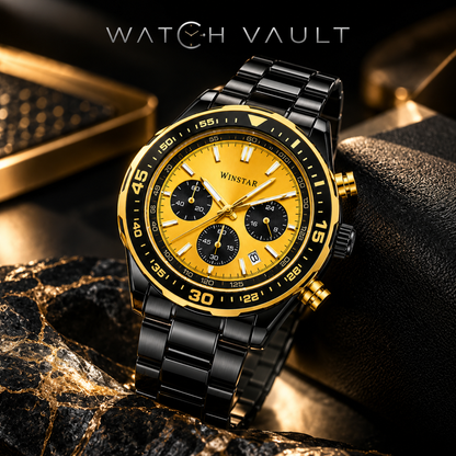 Winstar Men's Gold Dial Black Stainless Steel Watch - Chronograph Style