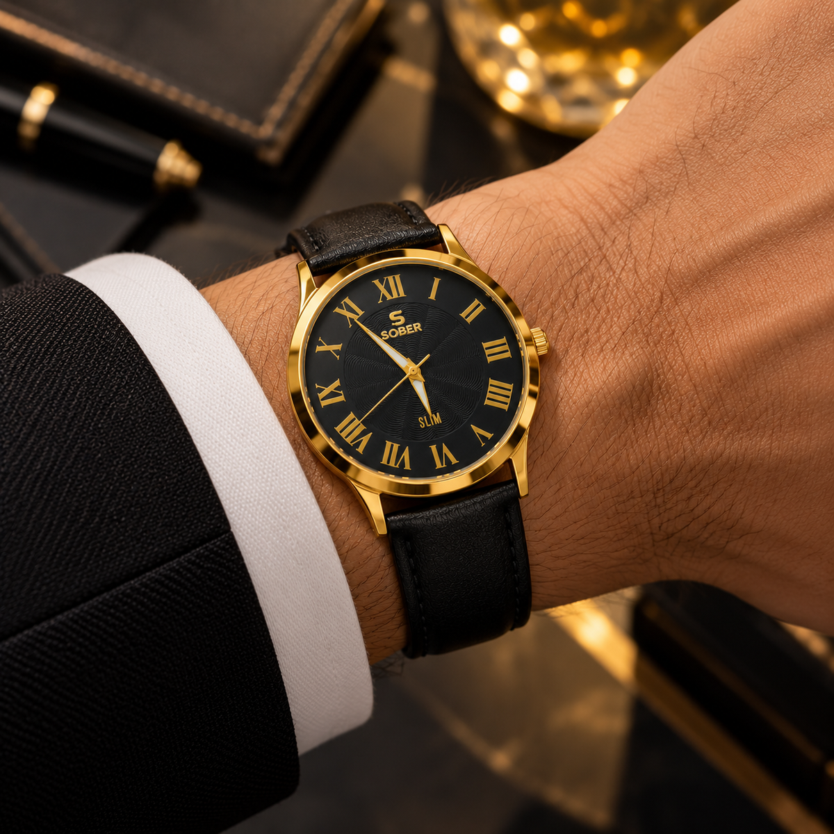 Sober Men's Black & Gold-Tone Roman Numeral Analog Watch