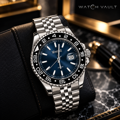 Winstar Men's Blue Dial Stainless Steel Watch - Black 24-Hour Bezel