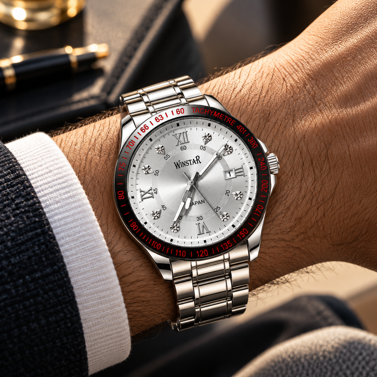 Winstar Men's Silver Stainless Steel Analog Watch - Red Bezel Markings