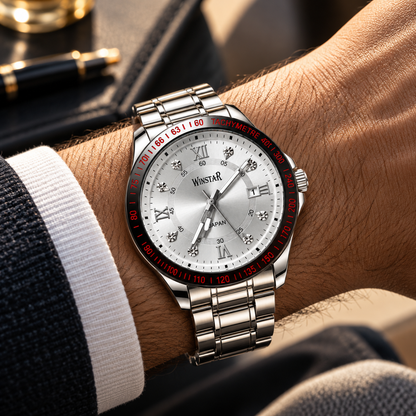 Winstar Men's Silver Stainless Steel Analog Watch - Red Bezel Markings