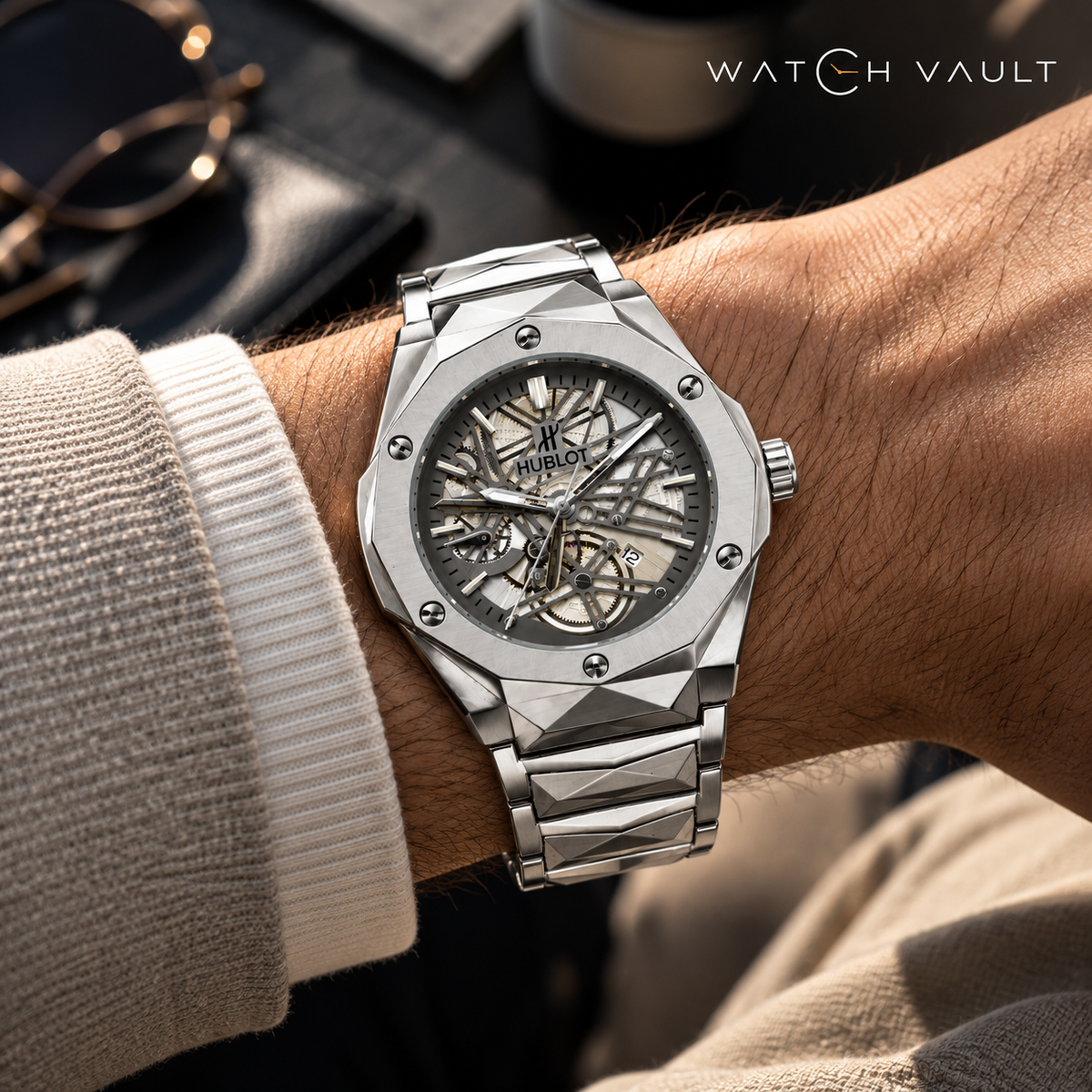 H'ublot Men's Silver Skeleton-Style Dial Stainless Steel Watch