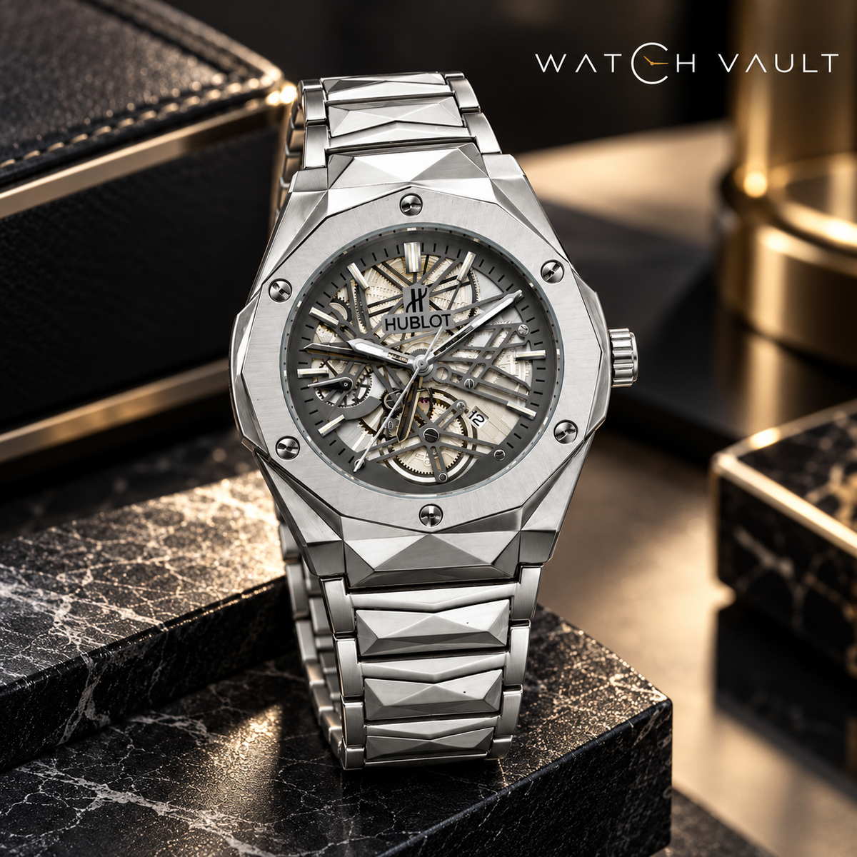 H'ublot Men's Silver Skeleton-Style Dial Stainless Steel Watch