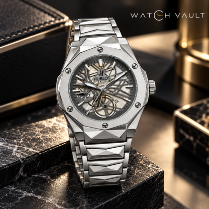 H'ublot Men's Silver Skeleton-Style Dial Stainless Steel Watch