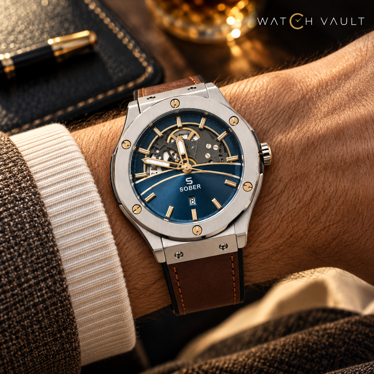 Sober Men's Blue Skeleton-Style Dial Watch - Brown Strap