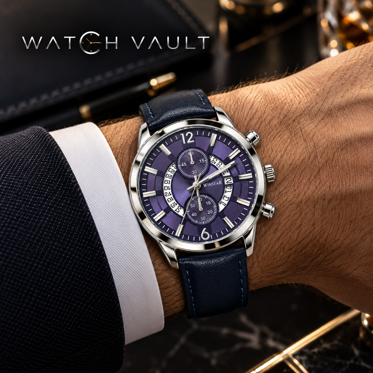 Winstar Men's Purple Dial Watch - Navy Blue Strap & Chronograph Style