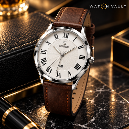 Sober Men's Classic Analog Watch - Silver Dial & Brown Strap