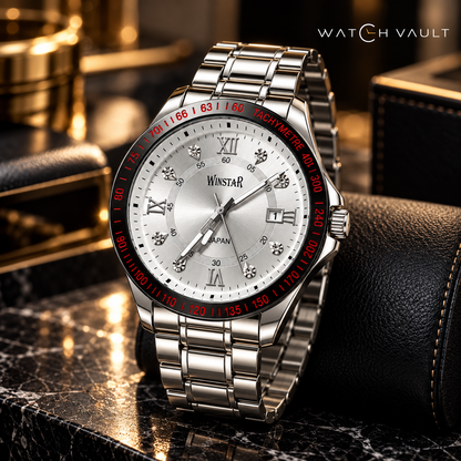 Winstar Men's Silver Stainless Steel Analog Watch - Red Bezel Markings