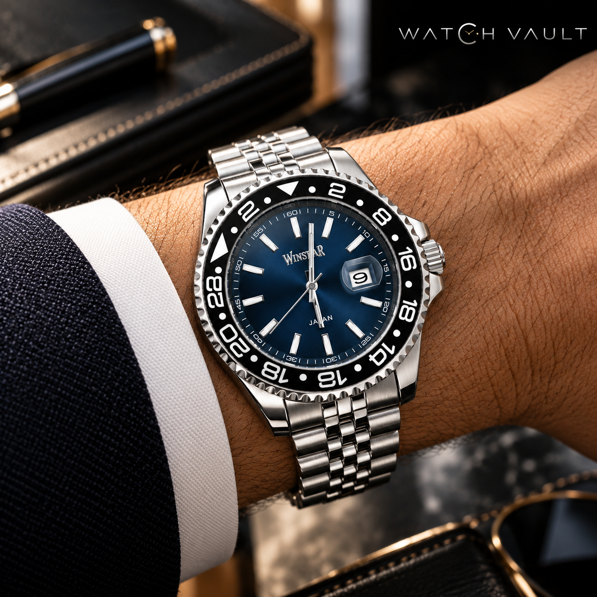 Winstar Men's Blue Dial Stainless Steel Watch - Black 24-Hour Bezel