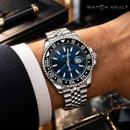 Winstar Men's Blue Dial Stainless Steel Watch - Black 24-Hour Bezel