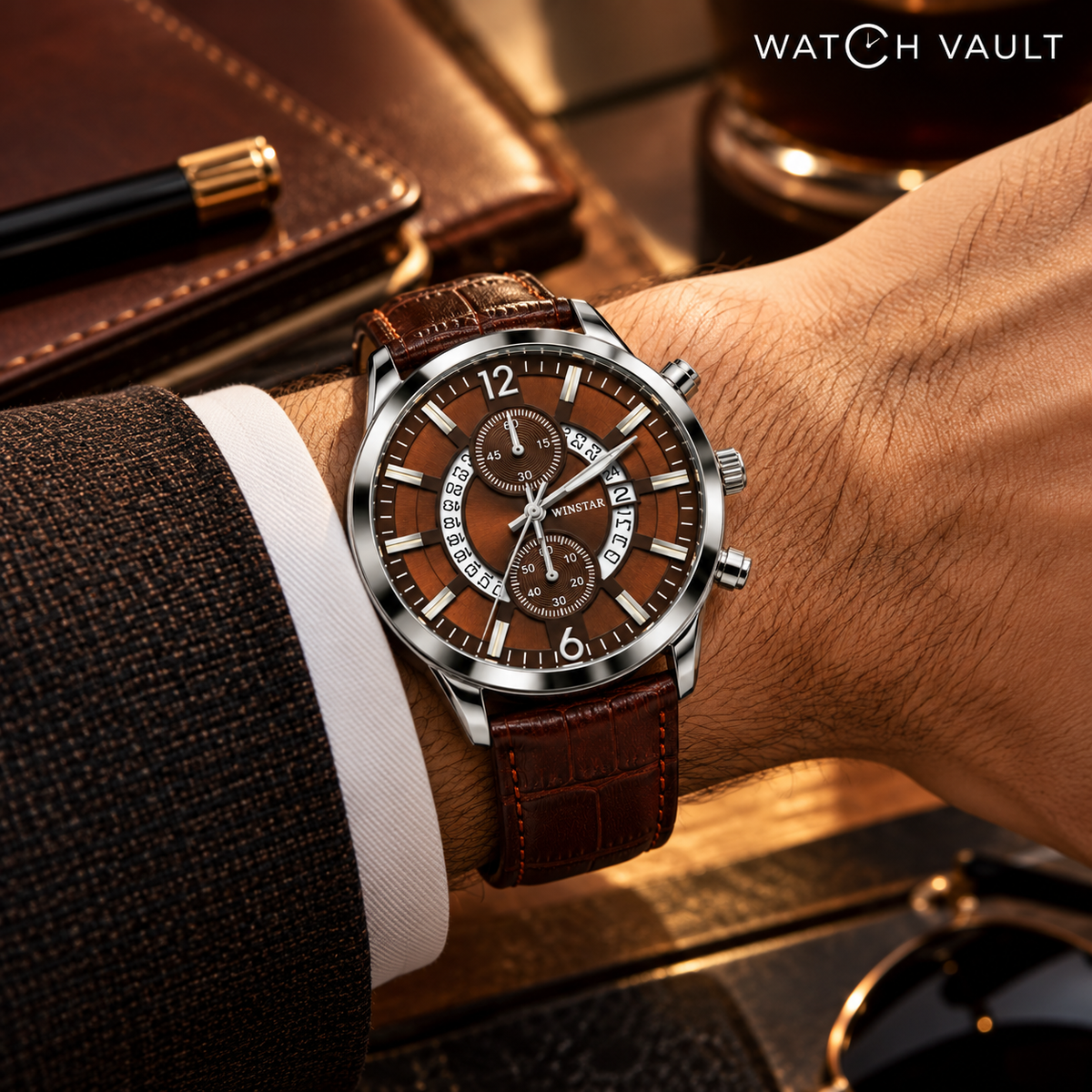 Winstar Men's Brown Dial Watch - Leather-Style Strap & Chronograph Style