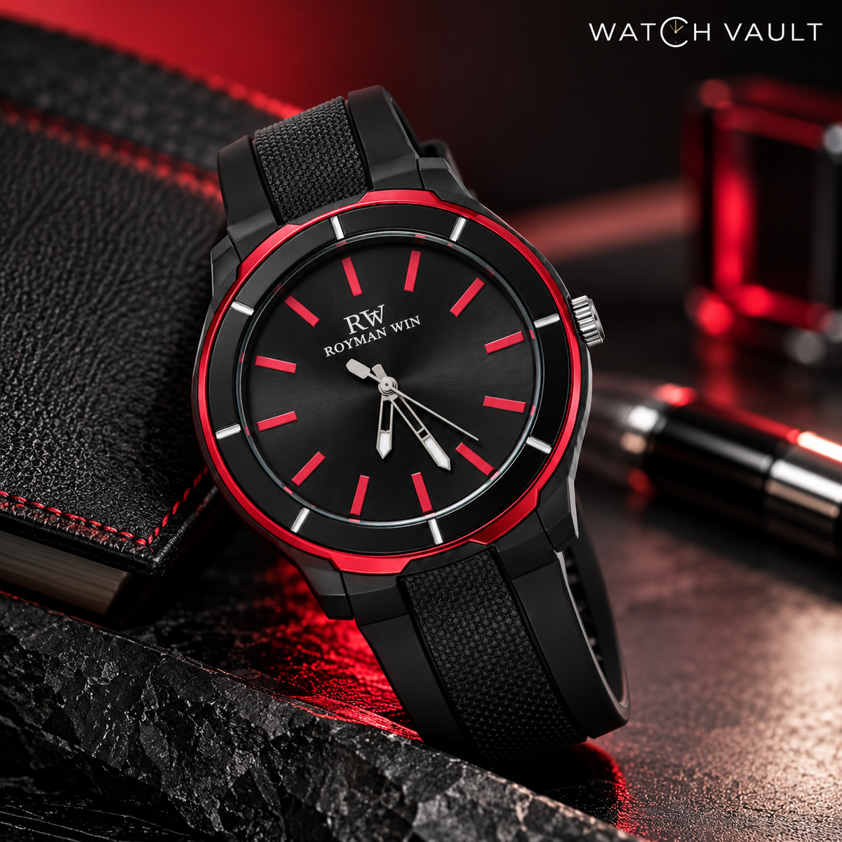 Royman Win Men's Black & Red Quartz Analog Watch