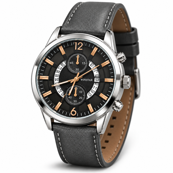 Winstar Men's Black Dial Watch - Grey Strap & Chronograph Style