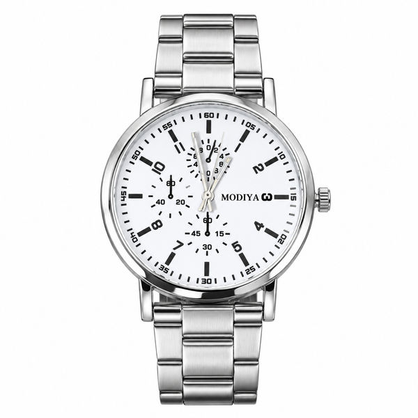 Modiya Men's Watch – White Roman Dial | Stainless Steel | 50M Waterproof