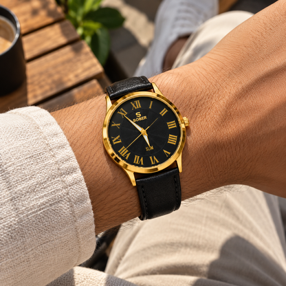 Sober Men's Black & Gold-Tone Roman Numeral Analog Watch