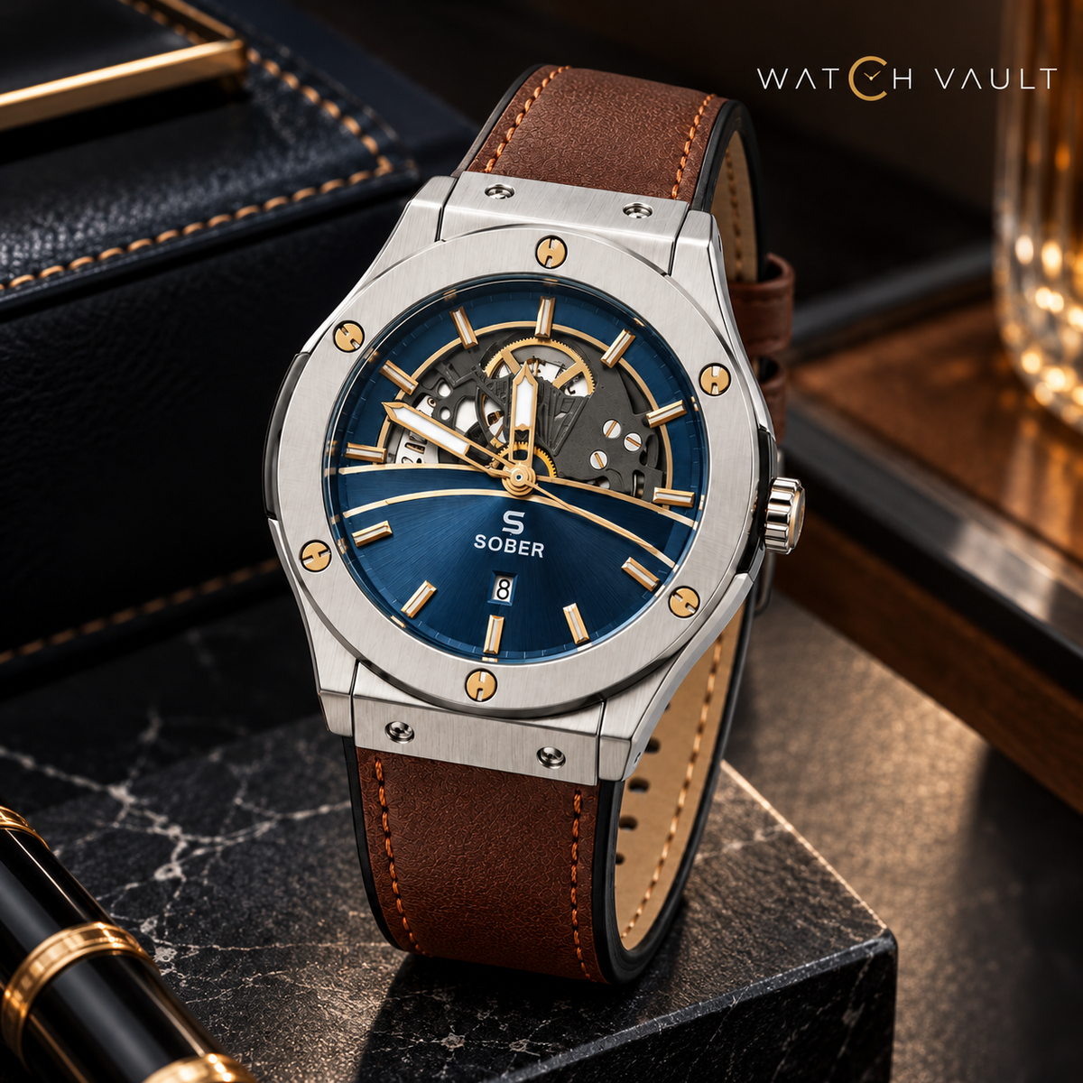 Sober Men's Blue Skeleton-Style Dial Watch - Brown Strap