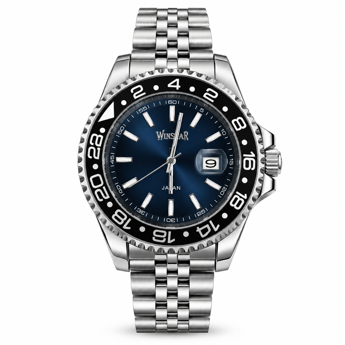Winstar Men's Blue Dial Stainless Steel Watch - Black 24-Hour Bezel