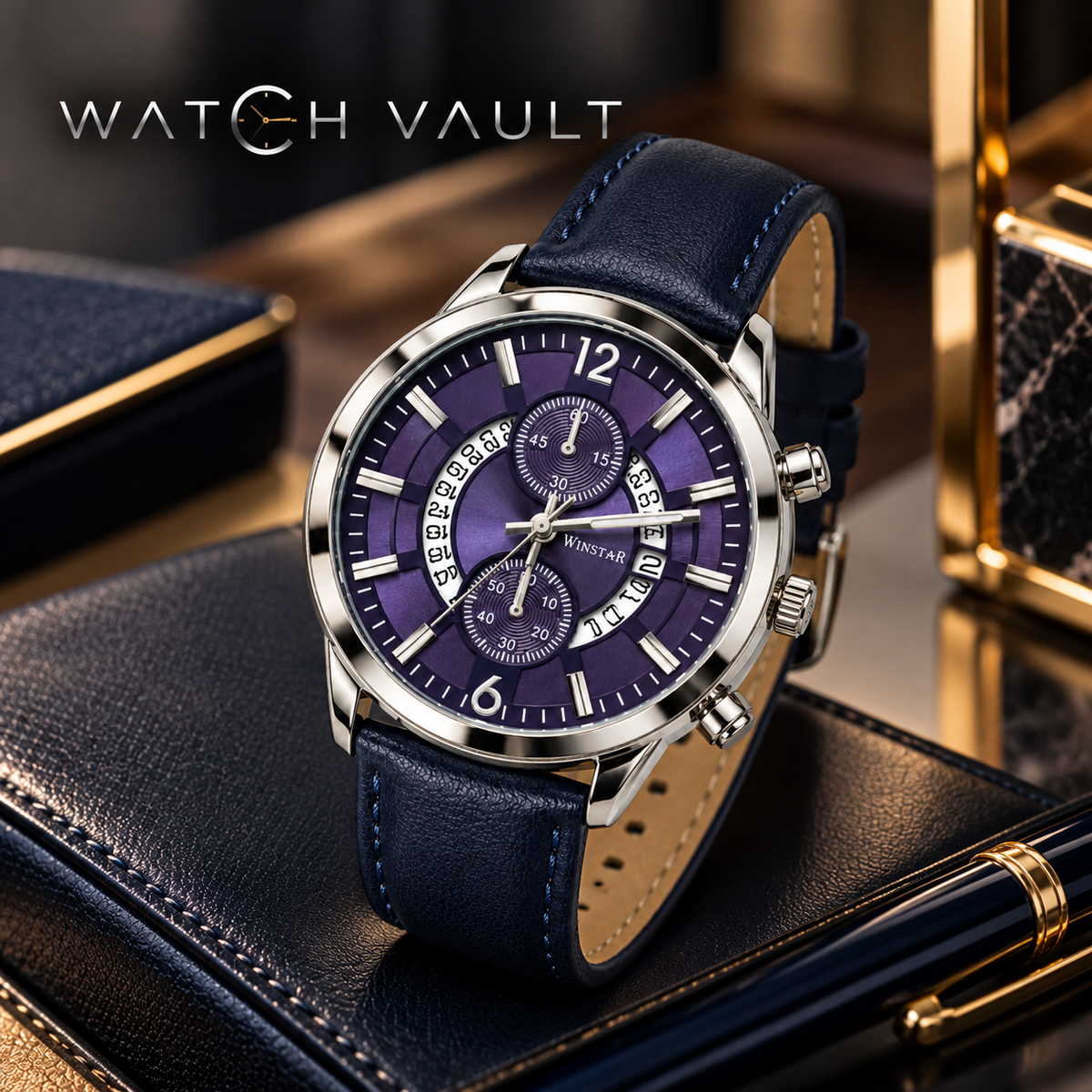 Winstar Men's Purple Dial Watch - Navy Blue Strap & Chronograph Style
